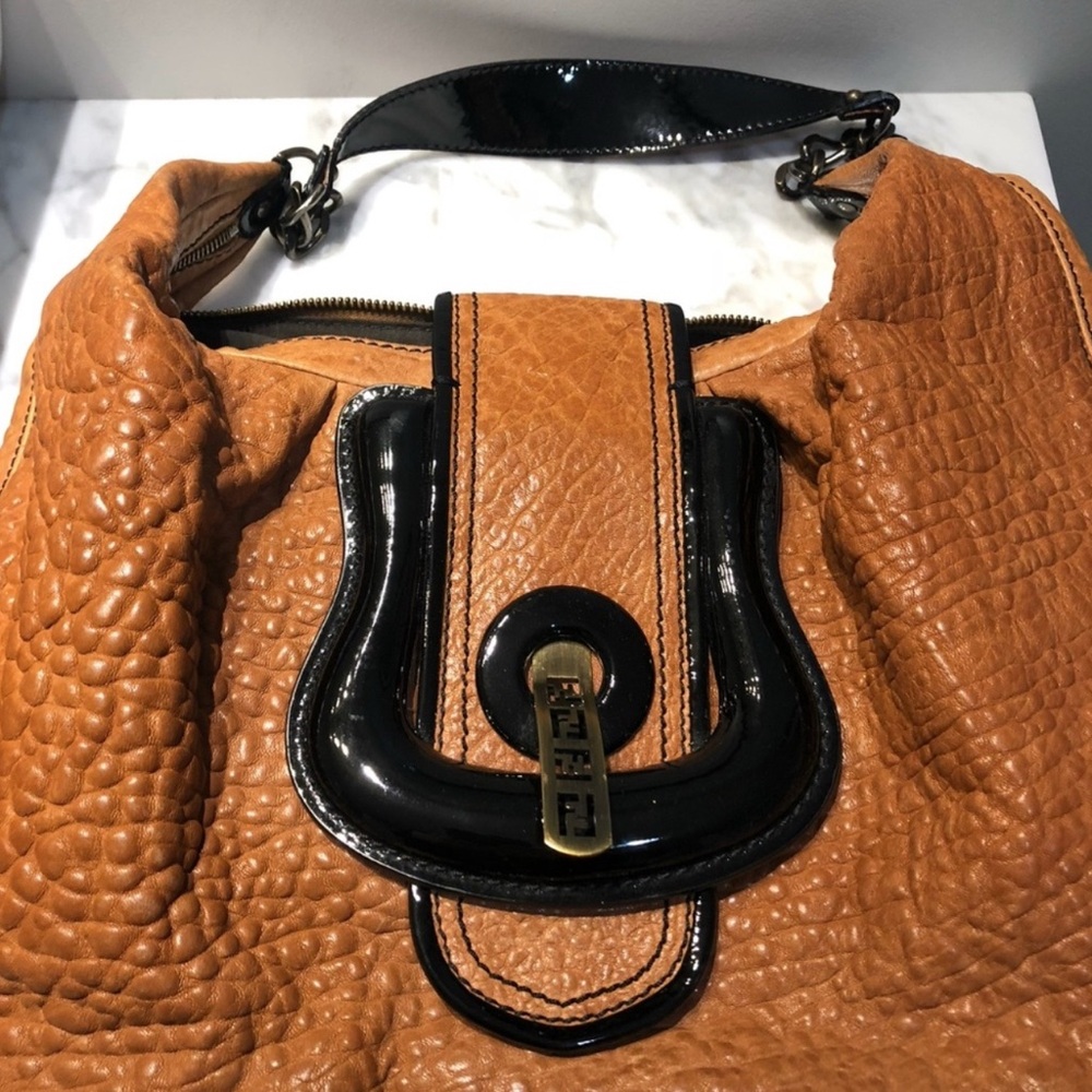 Fendi Tan and Black Leather Shoulder B Buckle Bag